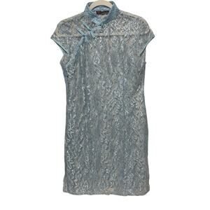 Vintage Laogudai Sheer Lace Dress Chinese/ Asian Cheongsam light blue mandarin M